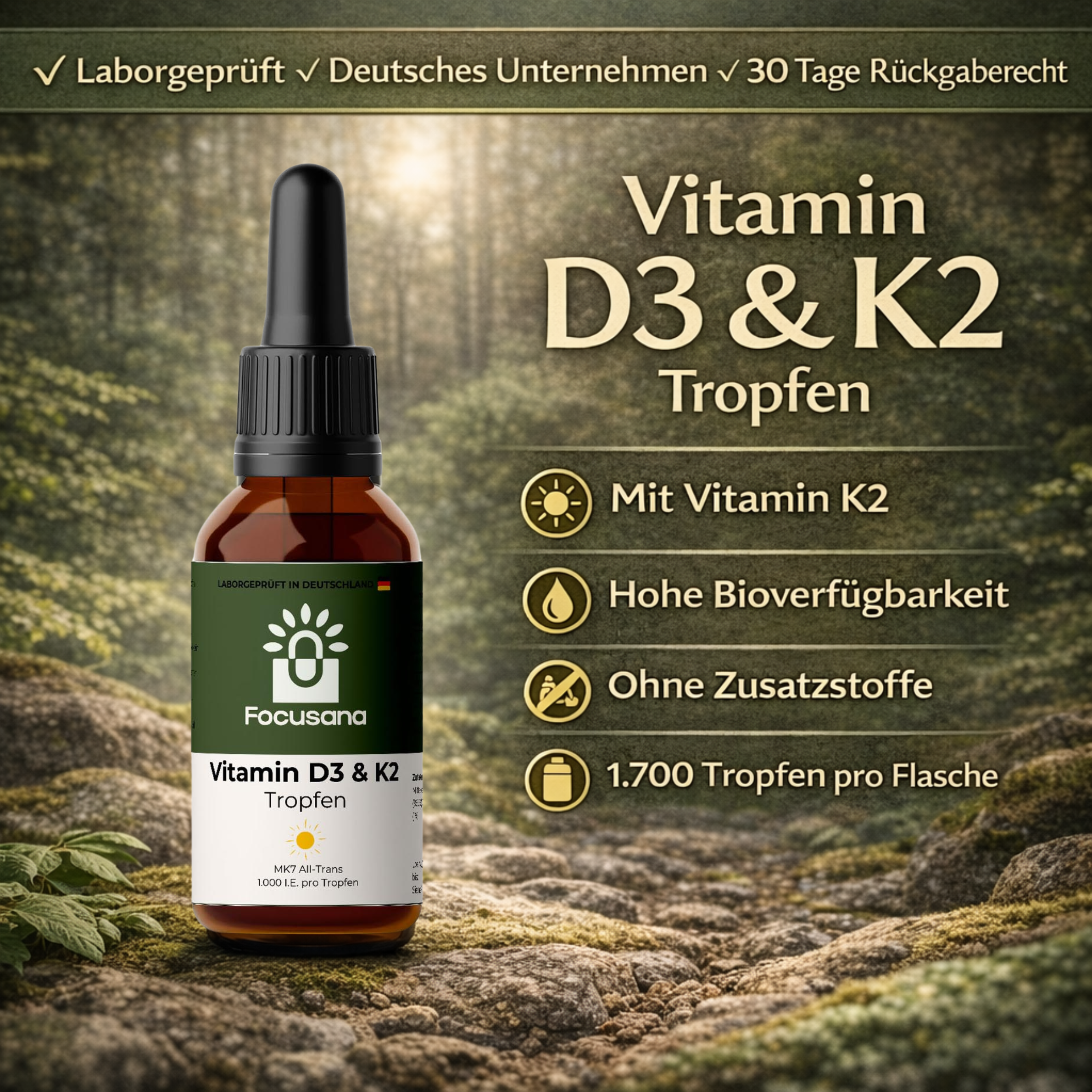 Vitamin D3 + K2 - 1.700 Tropfen (1.000 I.E.) - 50ml