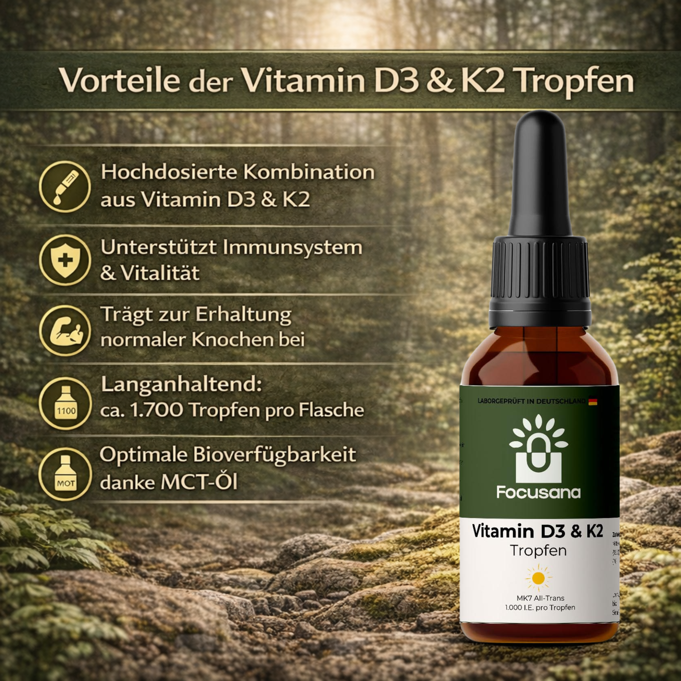 Vitamin D3 + K2 - 1.700 Tropfen (1.000 I.E.) - 50ml