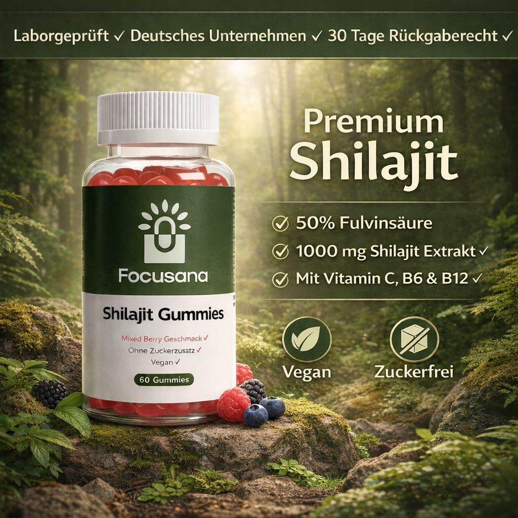 Shilajit Gummies von Focusana mit natürlichen Inhaltsstoffen im Waldmotiv
