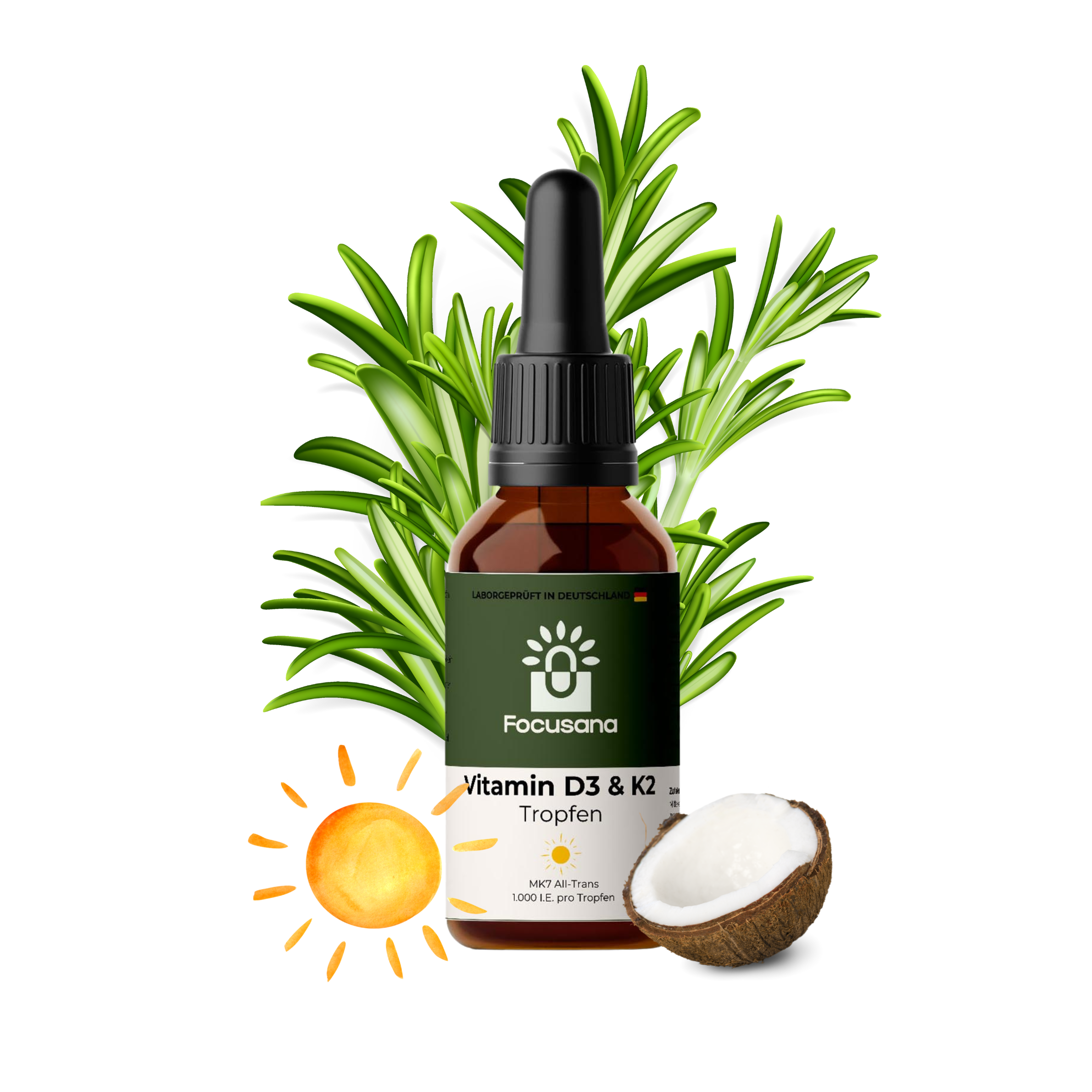 Flasche D3 K2 in der Flasche mit Kokusnuss und der Sonne im Vordergrund für deine optimale Nährstoffversorgung