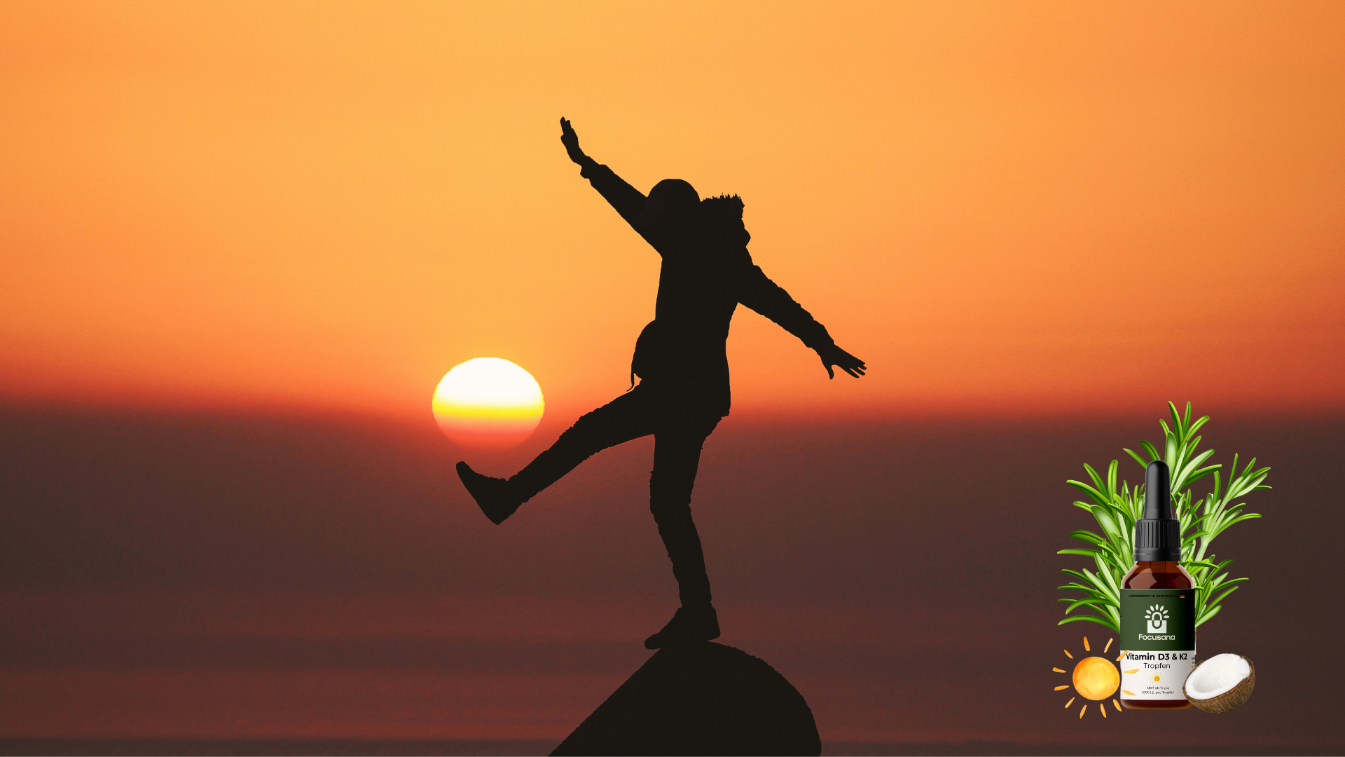 D3 unterstützt deine Knochen, Frau spielt Fußball mit der leuchtenden Sonne