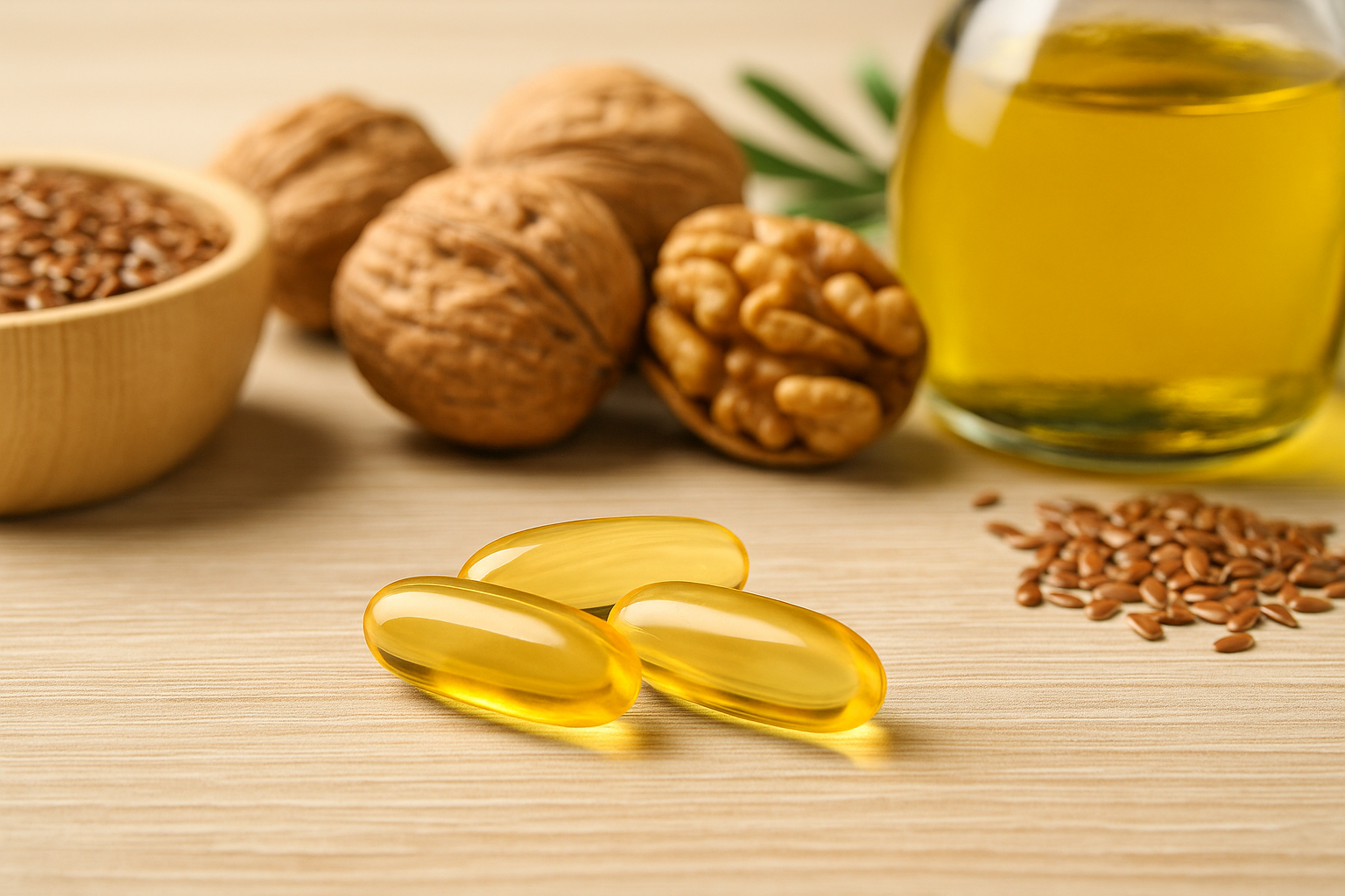 Omega-3 Softgels im Mittelpunkt mit Walnüssen und Leinsamen