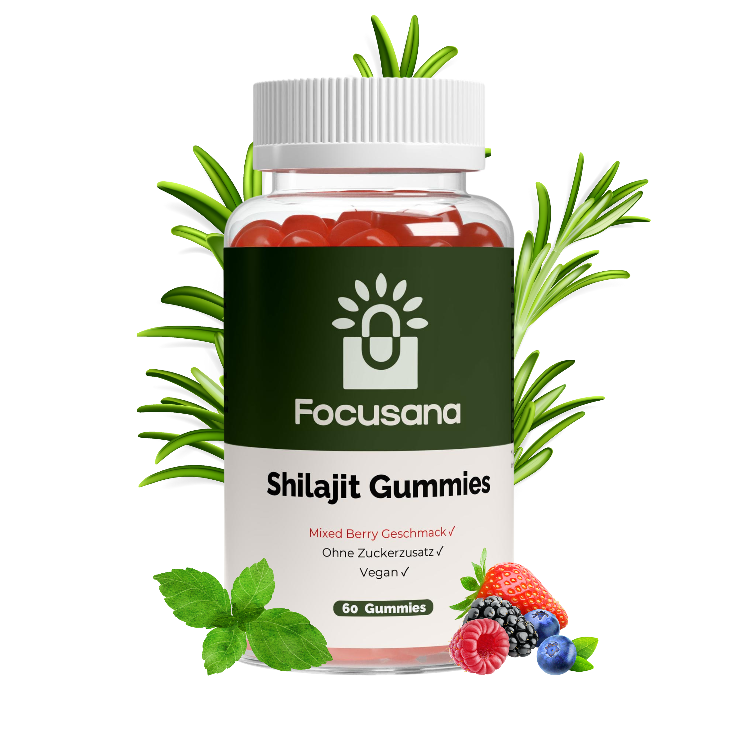 Eine Packung Premium Shilajit in der Geschmacksrichtung Berry steht vor einer Pflanze.